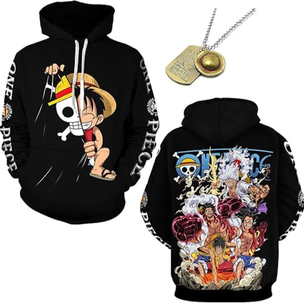 One Piece Anime Manga Harajuku 3D Print Pullover Hoodie BONUS Necklace PTP 19" L